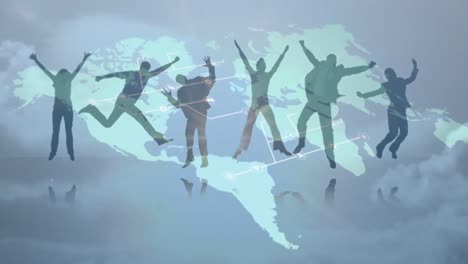 Animation-of-jumping-people-shadows-and-world-map-on-grey-background