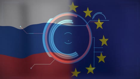 Animation-of-scope-scanning-over-flag-of-russia-and-eu