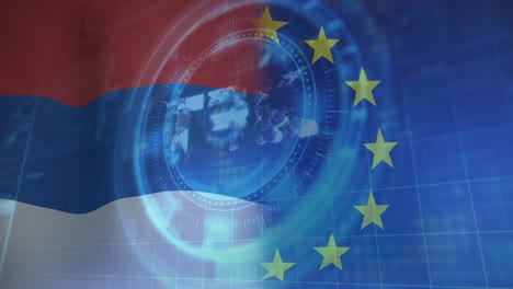 Animation-Der-Zielfernrohrmessung-Und-Des-NFT-Symbols-über-Der-Flagge-Serbiens-Und-Der-EU