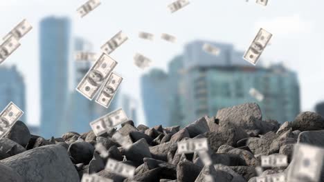 Animation-of-dollar-banknotes-over-rocks-and-cityscape