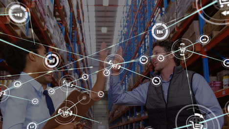 Animation-of-network-of-connections-with-icons-over-three-diverse-warehouse-workers