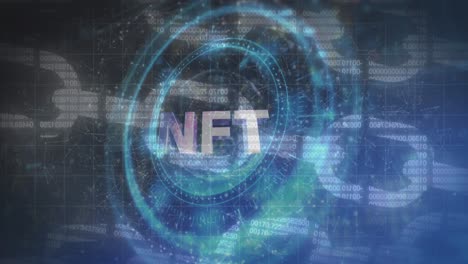 Animation-Des-NFT-Symbols-Auf-Rotierendem-Tresorschloss-über-Digitaler-Kette-Und-Datenverarbeitung
