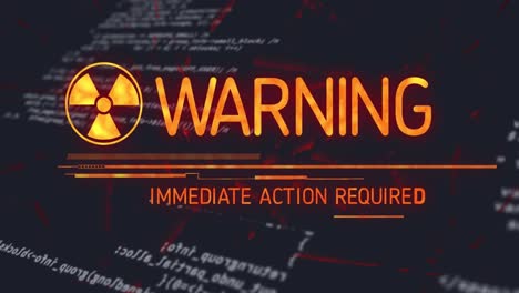 Animation-of-warning-text-and-symbol-over-data-processing-on-black-background
