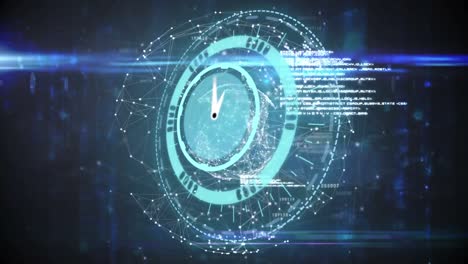 Animation-of-clock-moving-fast-and-data-processing-over-globe-of-connections