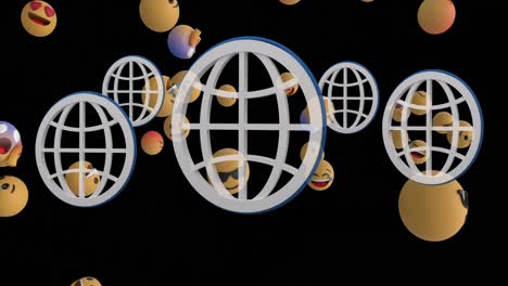 Animation-of-globes-over-emoji-icons-on-blue-background