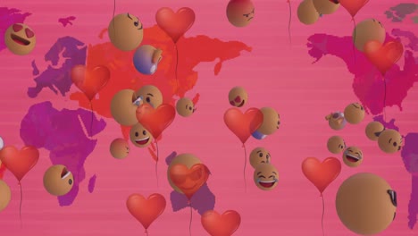 Animation-Von-Emoji-Symbolen-über-Der-Weltkarte-Auf-Rotem-Hintergrund