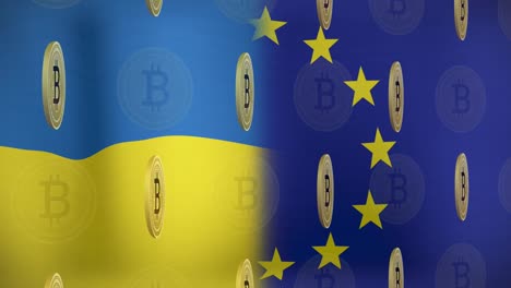 Animation-Des-Bitcoin-Symbols-über-Der-Flagge-Der-Ukraine-Und-Der-EU