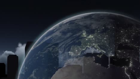 Animation-Des-Globus-über-Stadtbild-Und-Bewölktem-Himmel