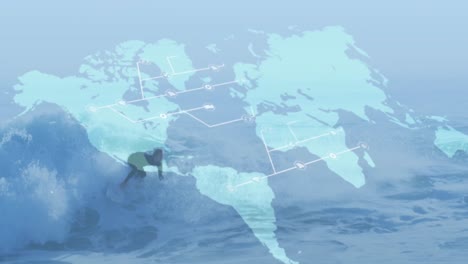 Animation-of-world-map-and-connections-over-caucasian-male-surfer-surfing-on-waves