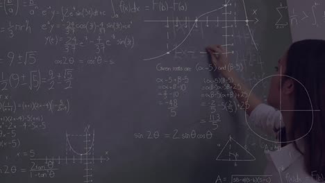 Animation-of-mathematical-formulas-over-caucasian-women-writing-on-the-blackboard