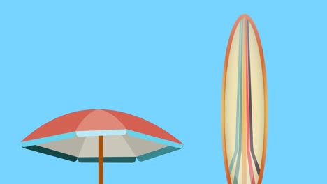 Animation-Von-Regenschirm-Und-Surfbrett-über-Wechselndem-Buntem-Hintergrund