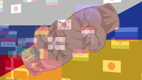Animation-Von-Nationalflaggen-Und-Fäusten-über-Der-Flagge-Russlands-Und-Der-Ukraine