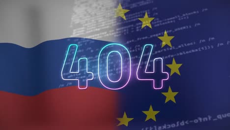 Animation-of-404-text-and-data-processing-over-flag-of-russia-and-eu