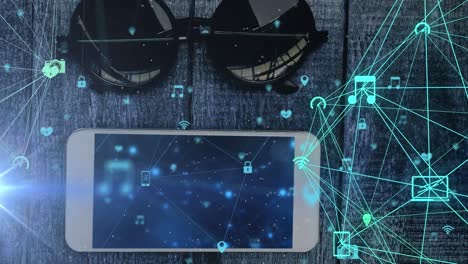 Animation-of-social-media-icons-with-network-of-connections-over-smartphone-and-sunglasses