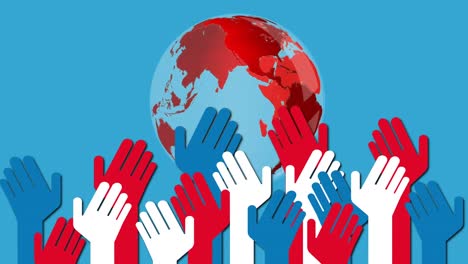 Animation-of-red,-white-and-blue-hands-over-globe-rotating-on-blue-background