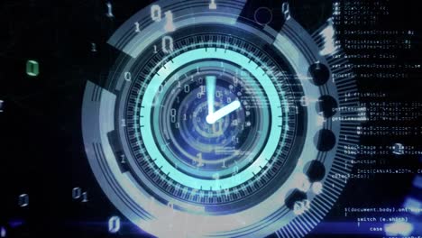 Animation-of-clock-and-data-processing-over-dark-background