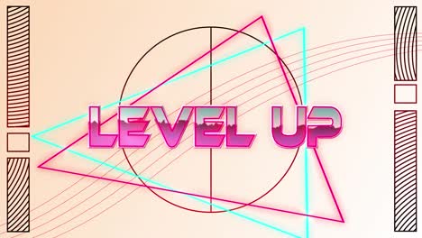 Animation-of-level-up-text-over-geometrical-shapes-on-white-background