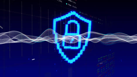 Animation-of-waves-and-digital-shield-with-padlock-on-navy-background