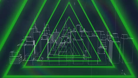 Animation-of-red-neon-geometrical-shapes-over-3d-city-model