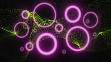 Animation-of-neon-circles-and-yellow-waves-on-black-background