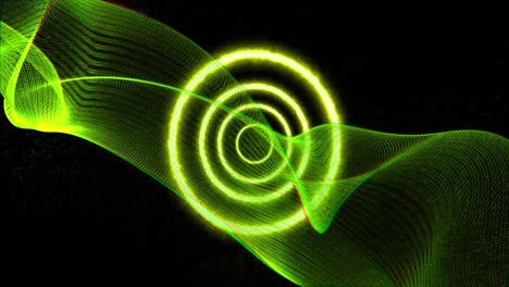 Animation-of-green-neon-waves-and-circles-changing-colours-on-black-background