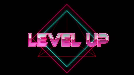 Animation-of-level-up-text-over-geometrical-shapes-on-dark-background