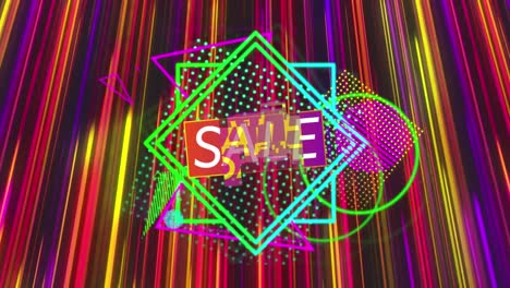 Animation-of-sale-and-neon-shapes-on-black-background-with-colorful-lines-moving-fast