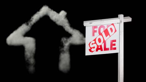 Animation-of-sold-text-over-house-for-sale-sign-and-house-shape-in-smoke-on-black-background
