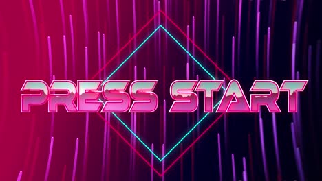 Animation-of-press-start-text-over-neon-geometrical-shapes-and-lights-on-dark-background