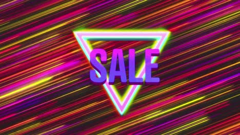 Animation-of-sale-and-neon-triangle-on-black-background-with-colorful-lines-moving-fast