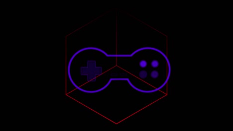 Animation-of-neon-game-pad-over-geometrical-shapes-on-dark-background