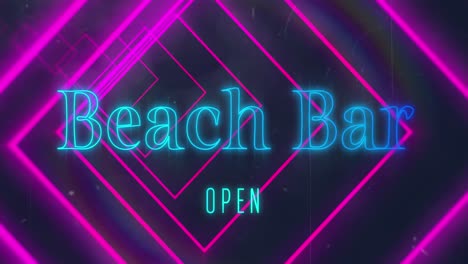 Animation-of-pink-neon-geometrical-shapes-over-beach-bar-open-text