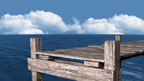 Animation-Von-Holzhütten-über-Dem-Meer-Und-Wolken-Am-Himmel-Im-Hintergrund