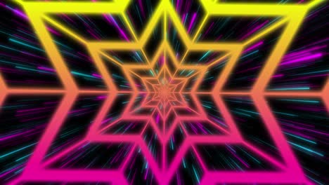 Animation-of-pink-and-yellow-neon-star-pattern-moving-in-hypnotic-motion-on-seamless-loop