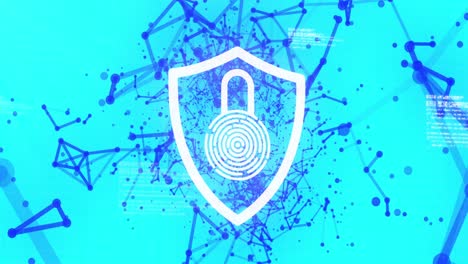 Animation-of-digital-shield-with-padlock-over-blue-background-with-connections