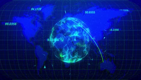 Animación-De-Números-Y-Globo-Terráqueo-Sobre-Fondo-Azul-Con-Mapa-Mundial