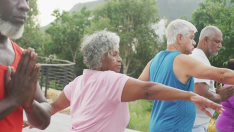 Glückliche-ältere,-Vielfältige-Menschen,-Die-Im-Garten-Des-Altersheims-Yoga-Praktizieren