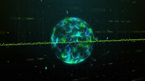 Animation-of-green-graphs-and-globe-rotating-on-black-background