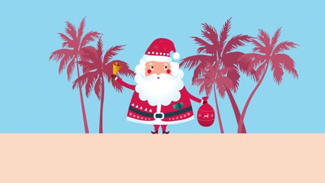 Animation-of-santa-claus-with-bell-and-present-sack-with-palm-trees-on-blue-background