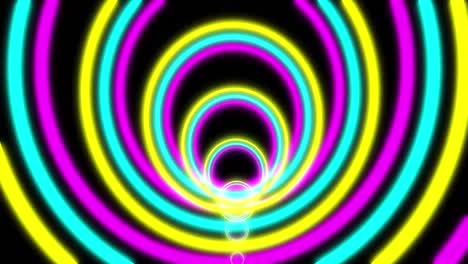 Animation-of-purple-blue-and-yellow-circles-neon-pattern-moving-in-hypnotic-motion-on-seamless-loop