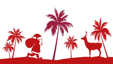 Animation-of-red-santa-claus-and-reindeer-with-palm-trees-on-white-background