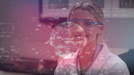 Animation-of-mathematical-equations-and-globe-over-caucasian-female-scientist-in-lab