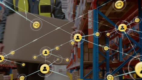 Animation-of-network-of-connections-with-icons-over-caucasian-male-warehouse-worker