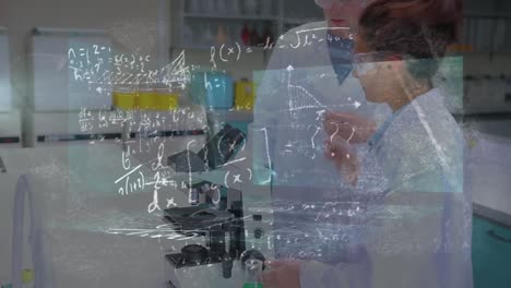 Animation-Mathematischer-Gleichungen-über-Verschiedene-Wissenschaftler-Im-Laborstadtbild