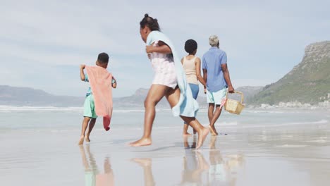 Pareja-Afroamericana-Caminando-Con-Niños-En-La-Playa-Soleada