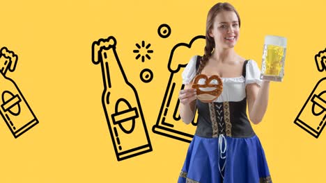 Animation-of-woman-holding-mug-of-beer-over-bottle-of-beer-on-yellow-background