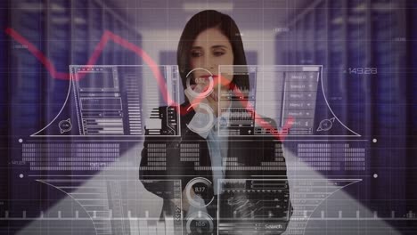 Animation-of-data-processing-over-caucasian-businesswoman-and-computer-servers