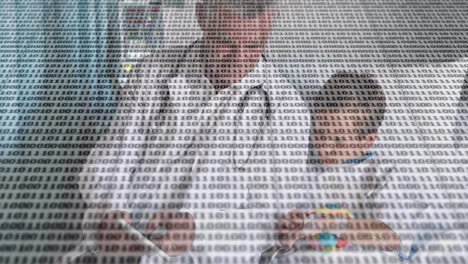 Animation-of-caucasian-male-doctor-using-tablet-with-young-patient-over-data-processing