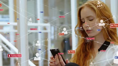 Animation-of-social-media-icons,-numbers-and-connections-over-caucasian-woman-using-smartphone