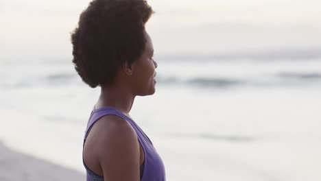 Porträt-Einer-Glücklichen-Afroamerikanischen-Frau-Im-Sportanzug-Am-Sonnigen-Strand